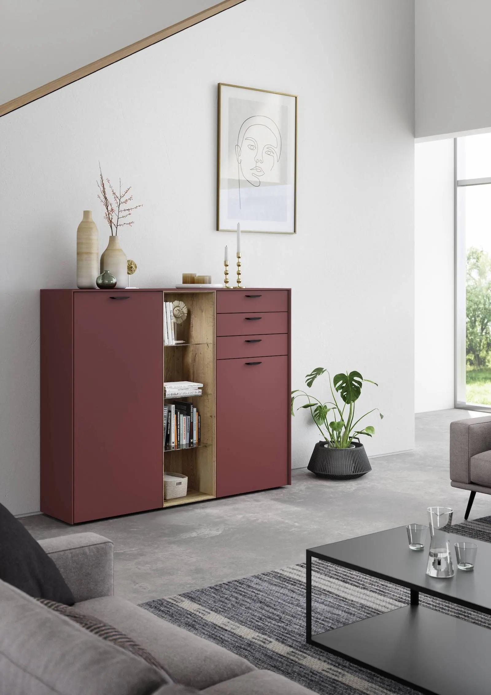 Sideboard in Bordeaux-Rot mit Holzeinsatz