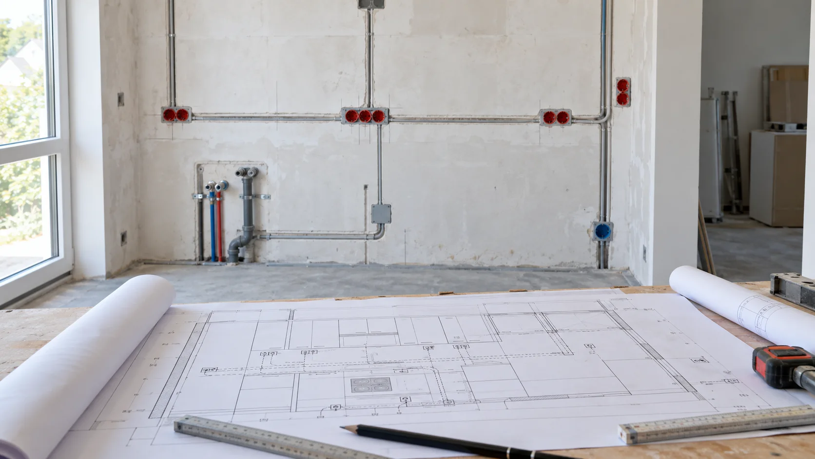 Elektro-Rohinstallation einer Küche mit Leerrohren und Dosen, im Vordergrund eine Planzeichnung