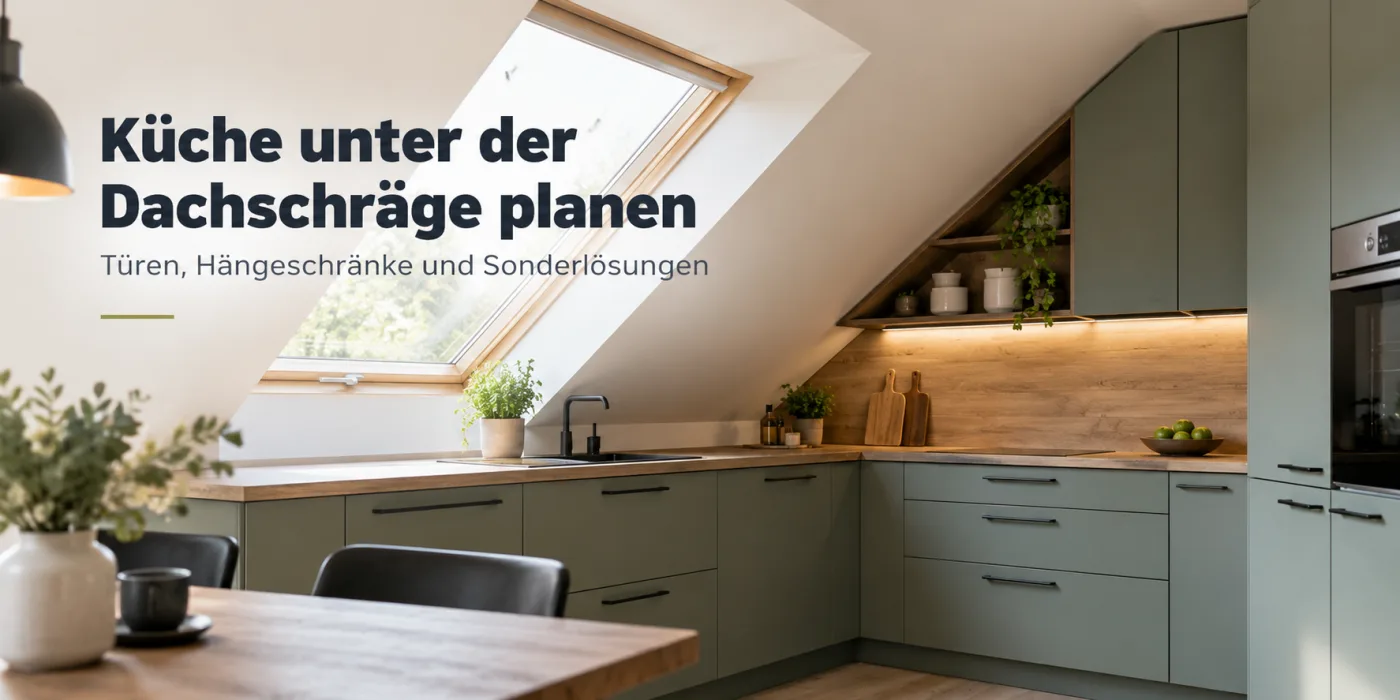 Küche mit grünen Fronten unter einer Dachschräge mit Dachfenster, Hängeschränke enden vor der niedrigsten Stelle