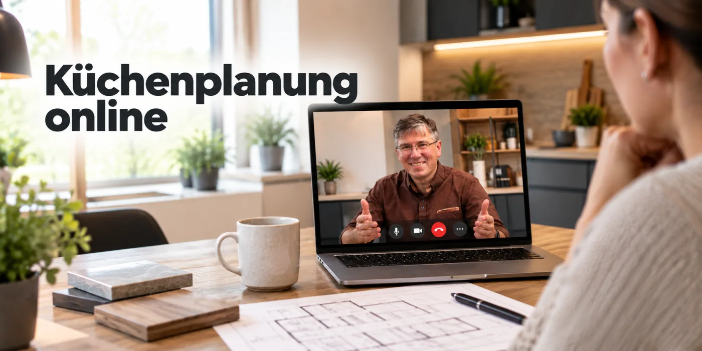 Tischlermeister Daniel Klas im Videocall, im Hintergrund eine Kundin mit Grundriss am Tisch