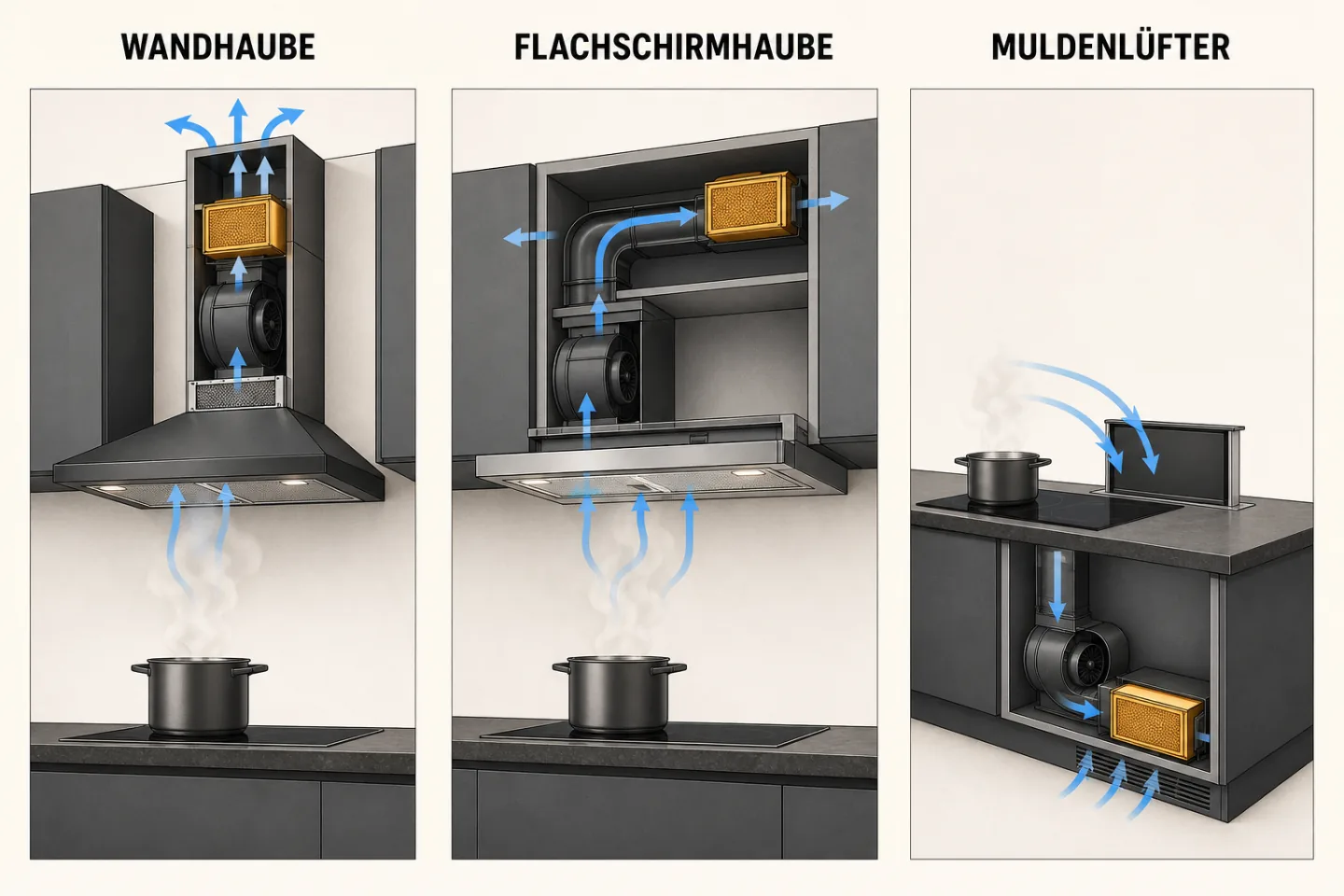 Drei schematische Einbausituationen eines Plasmafilters bei Wandhaube, Flachschirmhaube und Muldenlüfter im Küchensockel