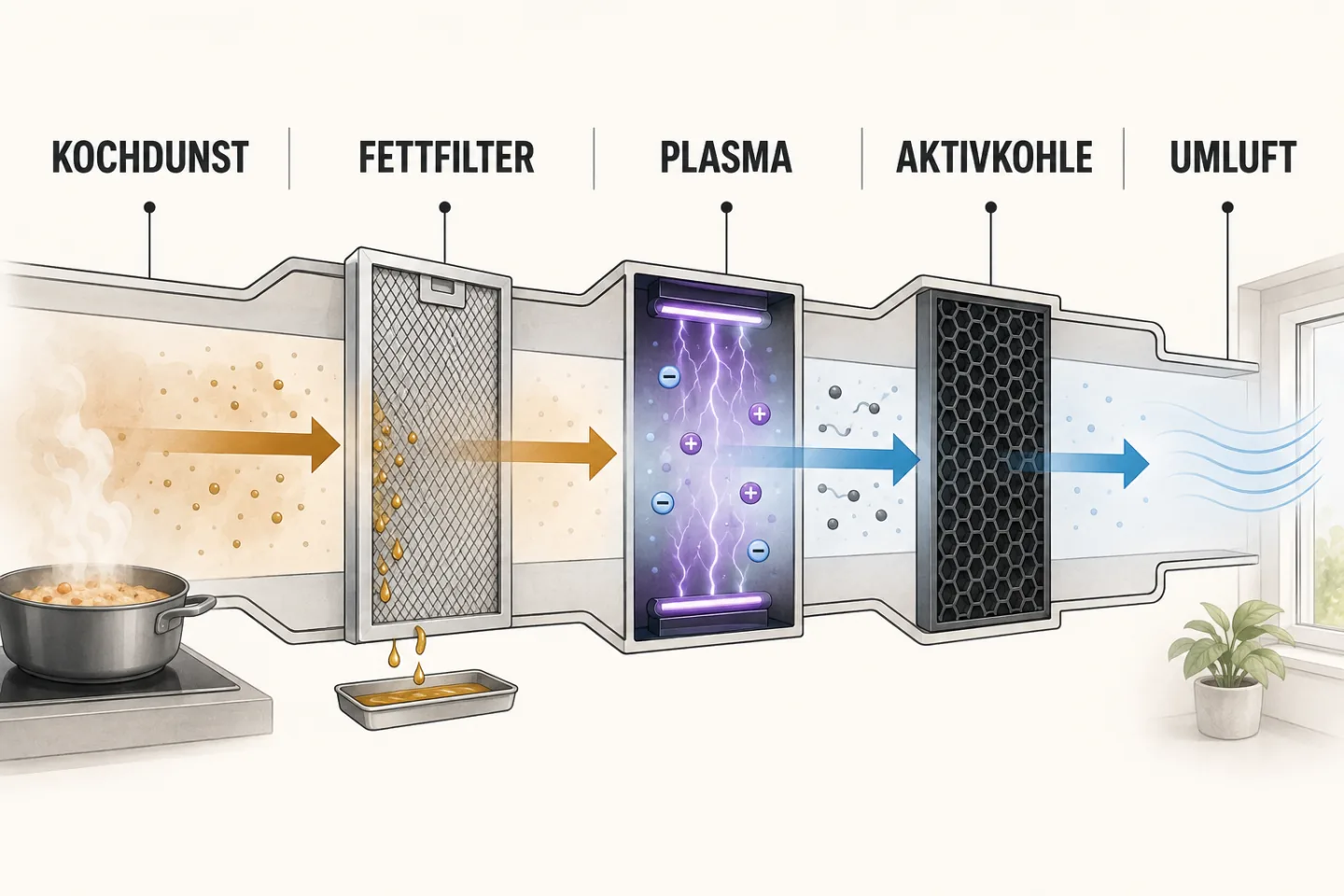 Schematisches Funktionsprinzip eines Küchen-Plasmafilters vom Kochdunst über Fettfilter, Plasma und Aktivkohle bis zur zurückgeführten Umluft