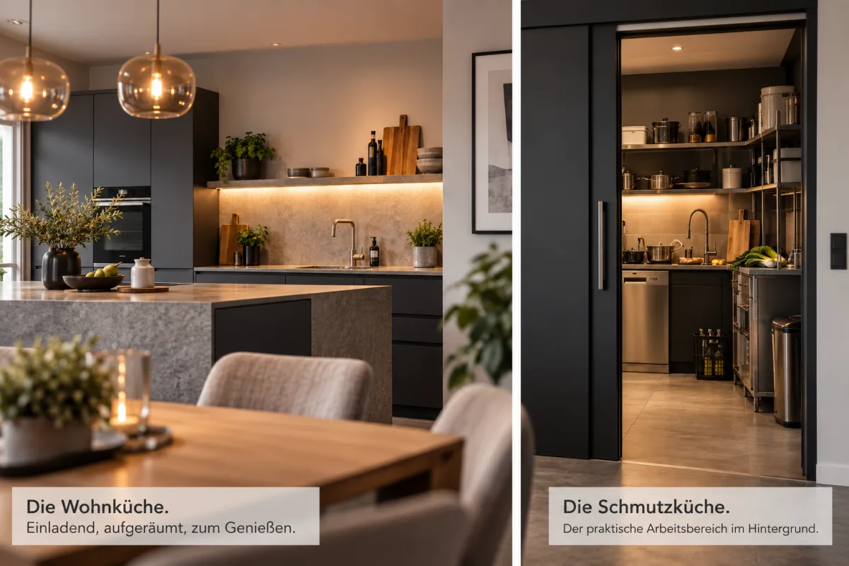 Gegenüberstellung von aufgeräumter Wohnküche und dahinterliegender Arbeitsküche mit sichtbarem Geschirr und Vorräten
