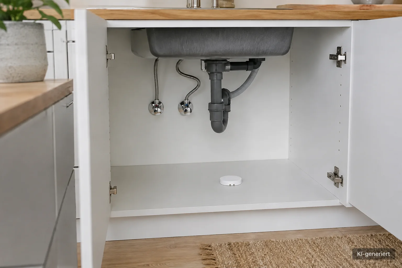 Geöffneter Spülenschrank mit gut zugänglichem Wassersensor unter den Anschlüssen